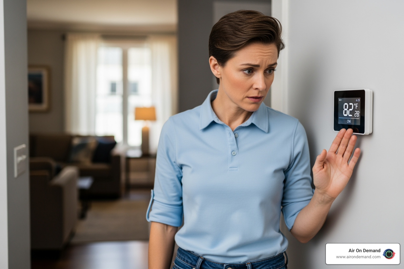 A homeowner looking at their thermostat with a concerned expression - heating repair pinecrest, fl