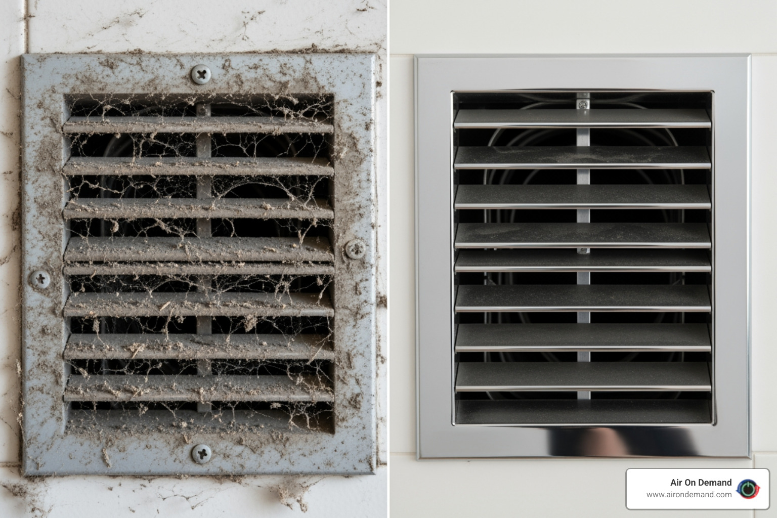 side by side comparison of a dirty dusty air vent next to a sparkling clean one - duct cleaning palmetto bay, fl