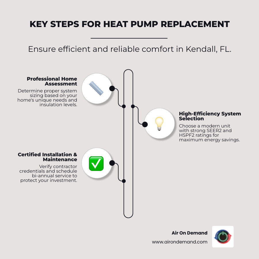Infographic showing the heat pump replacement process from initial assessment through load calculation, system selection, old unit removal, new installation, and post-installation testing, with key benefits including improved efficiency, lower bills, and better comfort in Kendall's climate - heat pump replacement in kendall, fl infographic infographic-line-3-steps-elegant_beige Infographic showing the heat pump replacement process from initial assessment through load calculation, system selection, old unit removal, new installation, and post-installation testing, with key benefits including improved efficiency, lower bills, and better comfort in Kendall's climate - heat pump replacement in kendall, fl infographic infographic-line-3-steps-elegant_beige