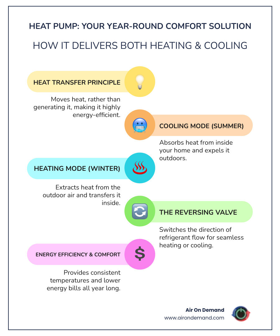 infographic explaining how a heat pump provides both heating and cooling by reversing refrigerant flow, with arrows indicating warm air in winter and cool air in summer, plus key benefits like energy efficiency and year-round comfort - heat pump repair coral gables fl infographic infographic-line-5-steps-colors