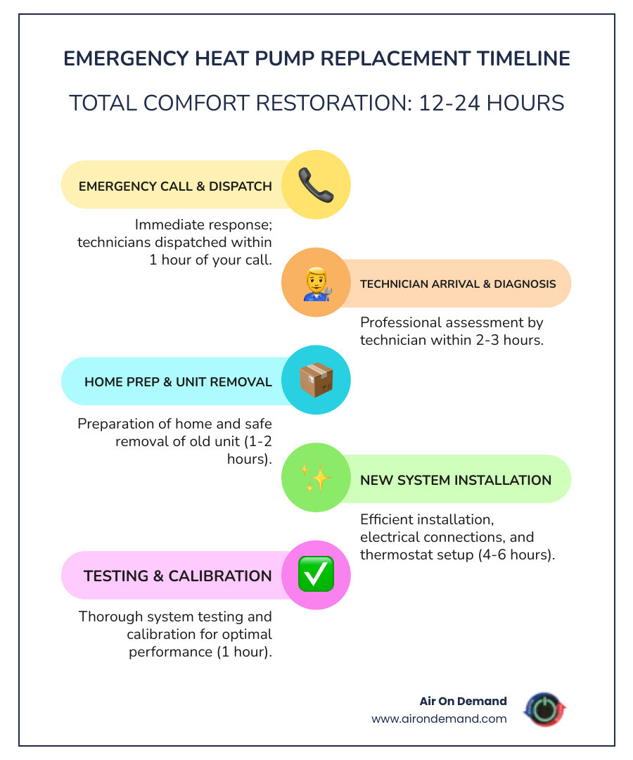 Infographic showing the emergency heat pump replacement timeline: Step 1 - Emergency call and dispatch within 1 hour, Step 2 - Technician arrival and diagnosis within 2-3 hours, Step 3 - Home preparation and old unit removal within 1-2 hours, Step 4 - New system installation and setup within 4-6 hours, Step 5 - Testing and calibration within 1 hour, Total time from call to restored comfort typically 12-24 hours - 24 hour heat pump replacement in coral gables, fl infographic infographic-line-5-steps-colors