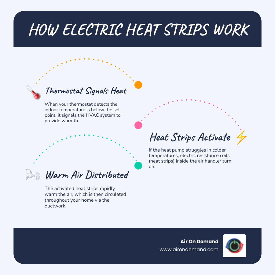 Infographic showing how electric heat strips integrate with an air handler: outdoor unit connects to indoor air handler, heat strips activate inside the air handler when needed, warm air flows through ducts to rooms throughout the home, thermostat controls when heat strips turn on based on temperature demand - electric heat strips pinecrest fl infographic infographic-line-3-steps-blues-accent_colors