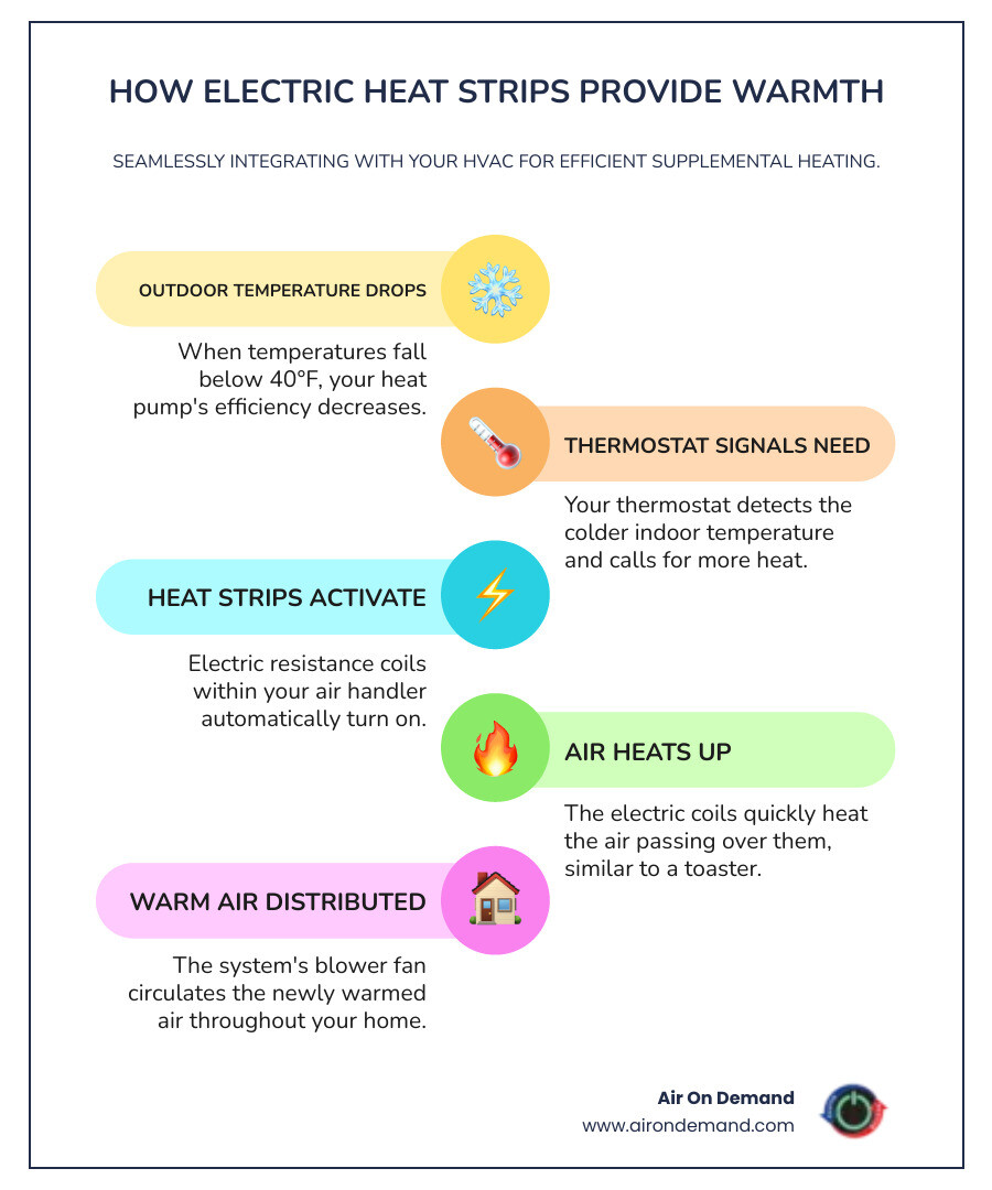 Infographic showing how electric heat strips work: outdoor temperature drops, thermostat signals heat pump, heat pump struggles below 40°F, electric heat strips activate inside air handler, heated coils warm passing air, blower fan distributes warm air through ducts to rooms - best electric heat strips in coral gables, fl infographic infographic-line-5-steps-colors Infographic showing how electric heat strips work: outdoor temperature drops, thermostat signals heat pump, heat pump struggles below 40°F, electric heat strips activate inside air handler, heated coils warm passing air, blower fan distributes warm air through ducts to rooms - best electric heat strips in coral gables, fl infographic infographic-line-5-steps-colors