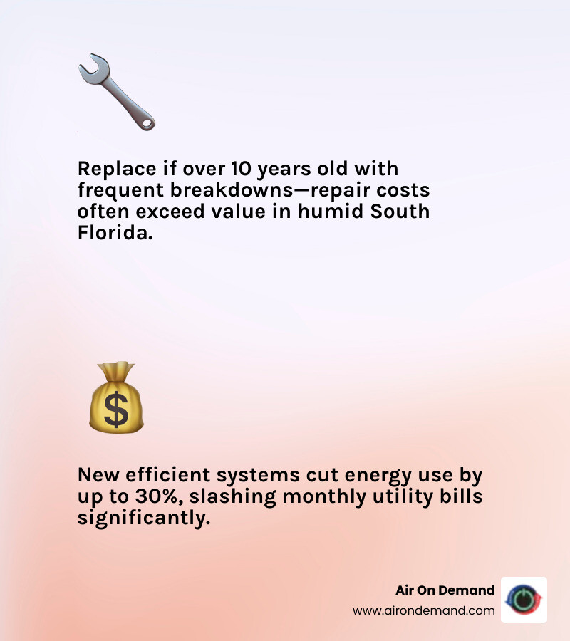 Infographic showing repair vs replace decision matrix for homeowners in South Florida - ac replacement kendale lakes fl