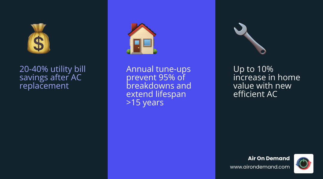 Infographic showing benefits of AC replacement in Coral Gables FL including energy savings, home value, and system lifespan