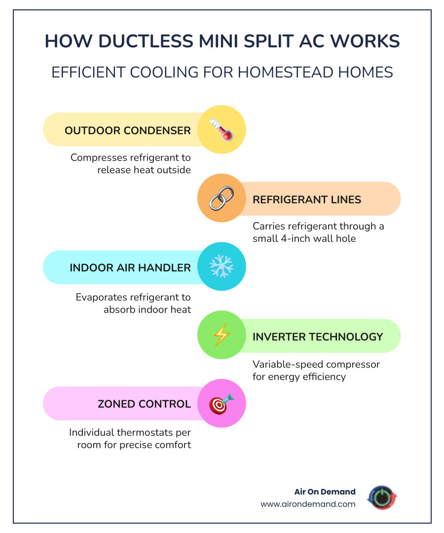 Infographic showing how a ductless mini split works in a Homestead FL home with key benefits - mini split ac homestead fl