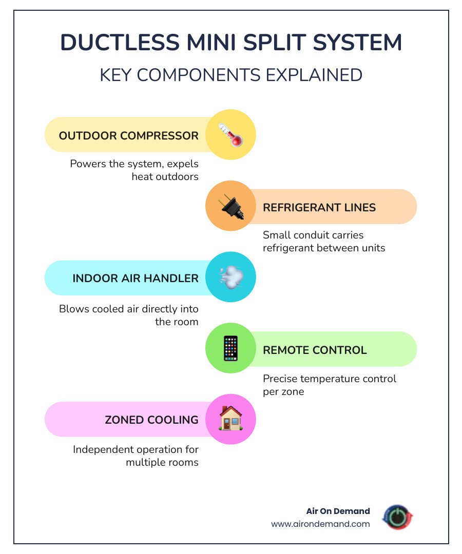 Infographic showing components of a ductless mini split system: outdoor compressor, refrigerant lines, indoor air handler Infographic showing components of a ductless mini split system: outdoor compressor, refrigerant lines, indoor air handler