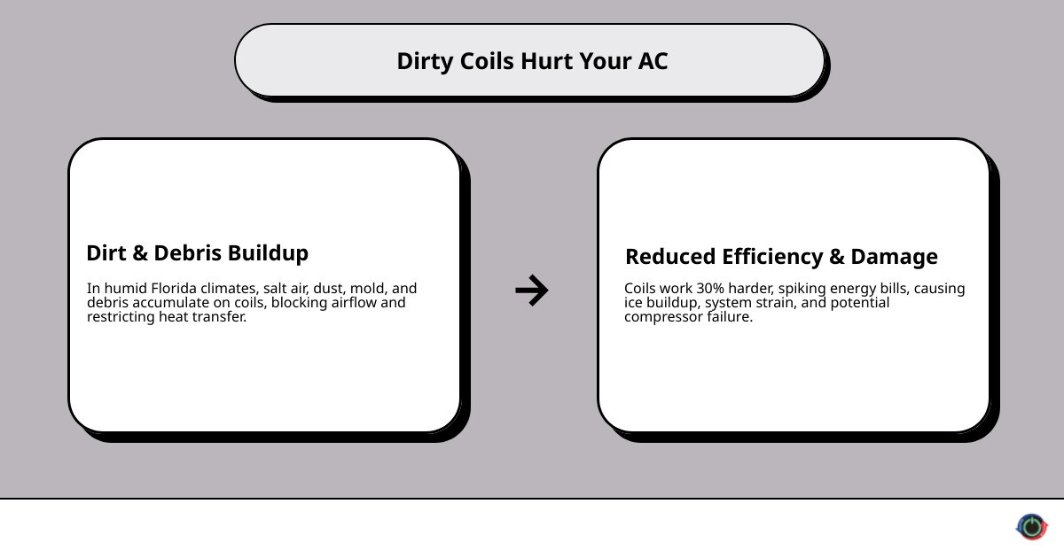 Infographic showing how dirty AC coils restrict airflow and reduce energy efficiency in humid Florida climates - ac coil