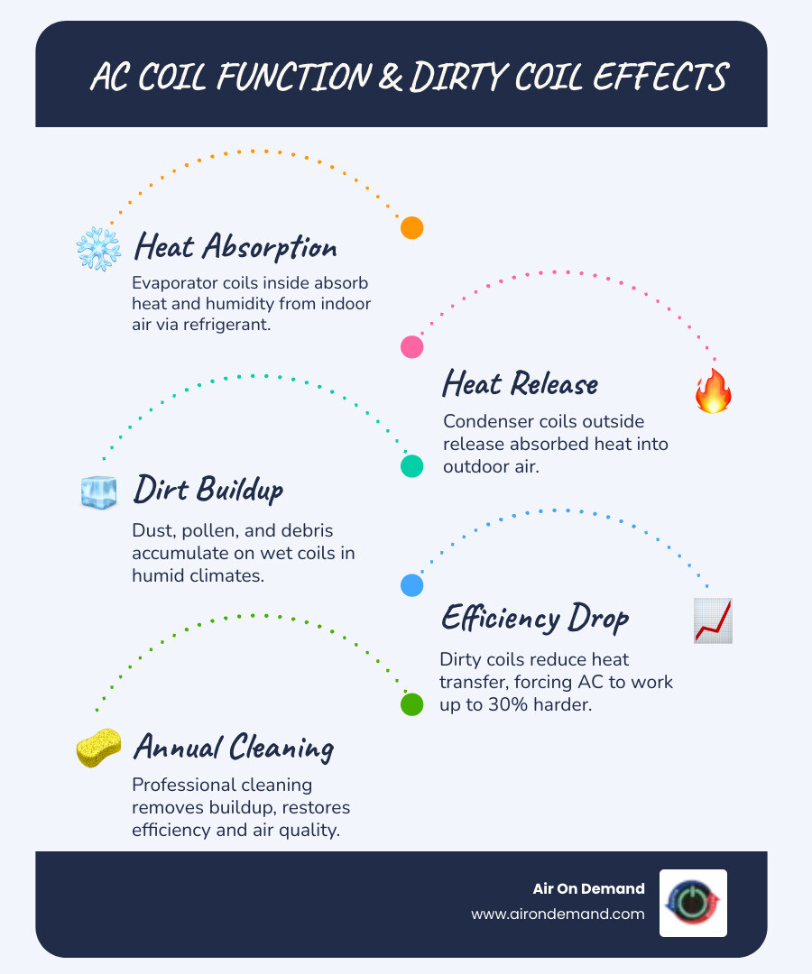 Infographic showing AC coil function, effects of dirty coils, and cleaning frequency recommendations - ac coil cleaning