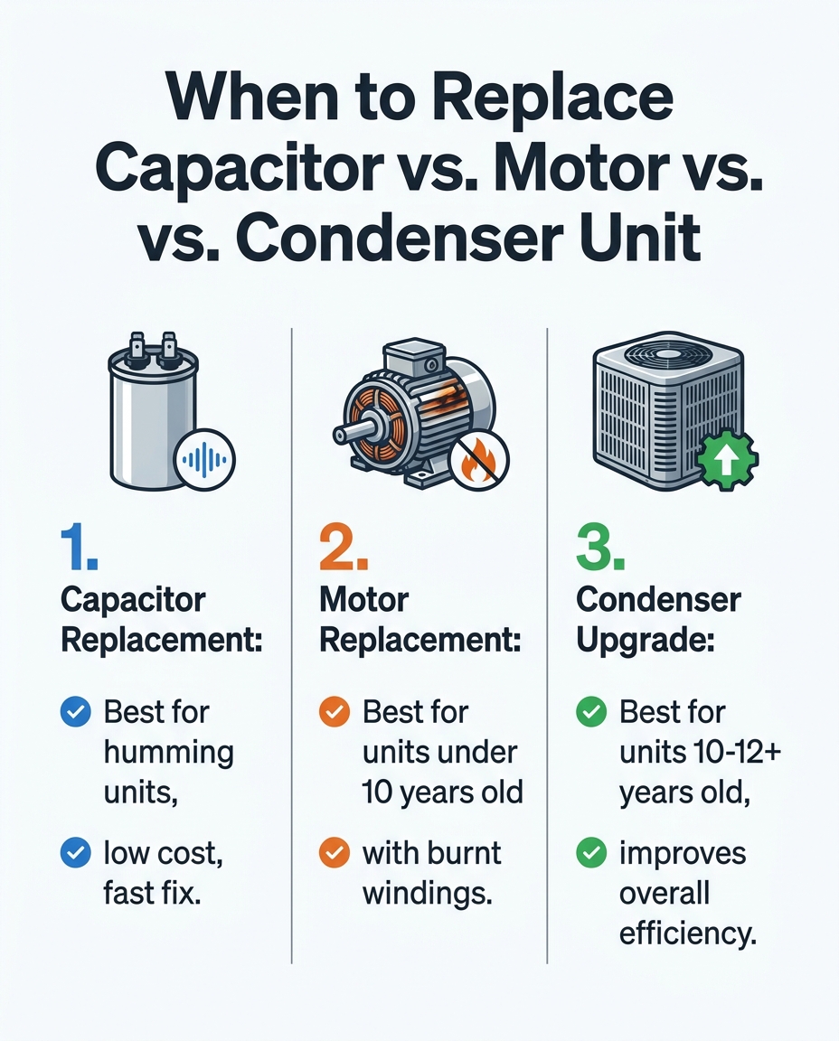 When to Replace Capacitor vs. Motor vs. Condenser Unit
