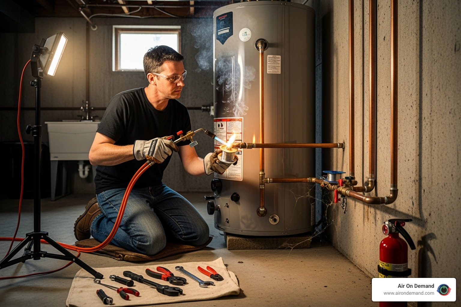 technician soldering copper pipes - water heater installation technician soldering copper pipes - water heater installation