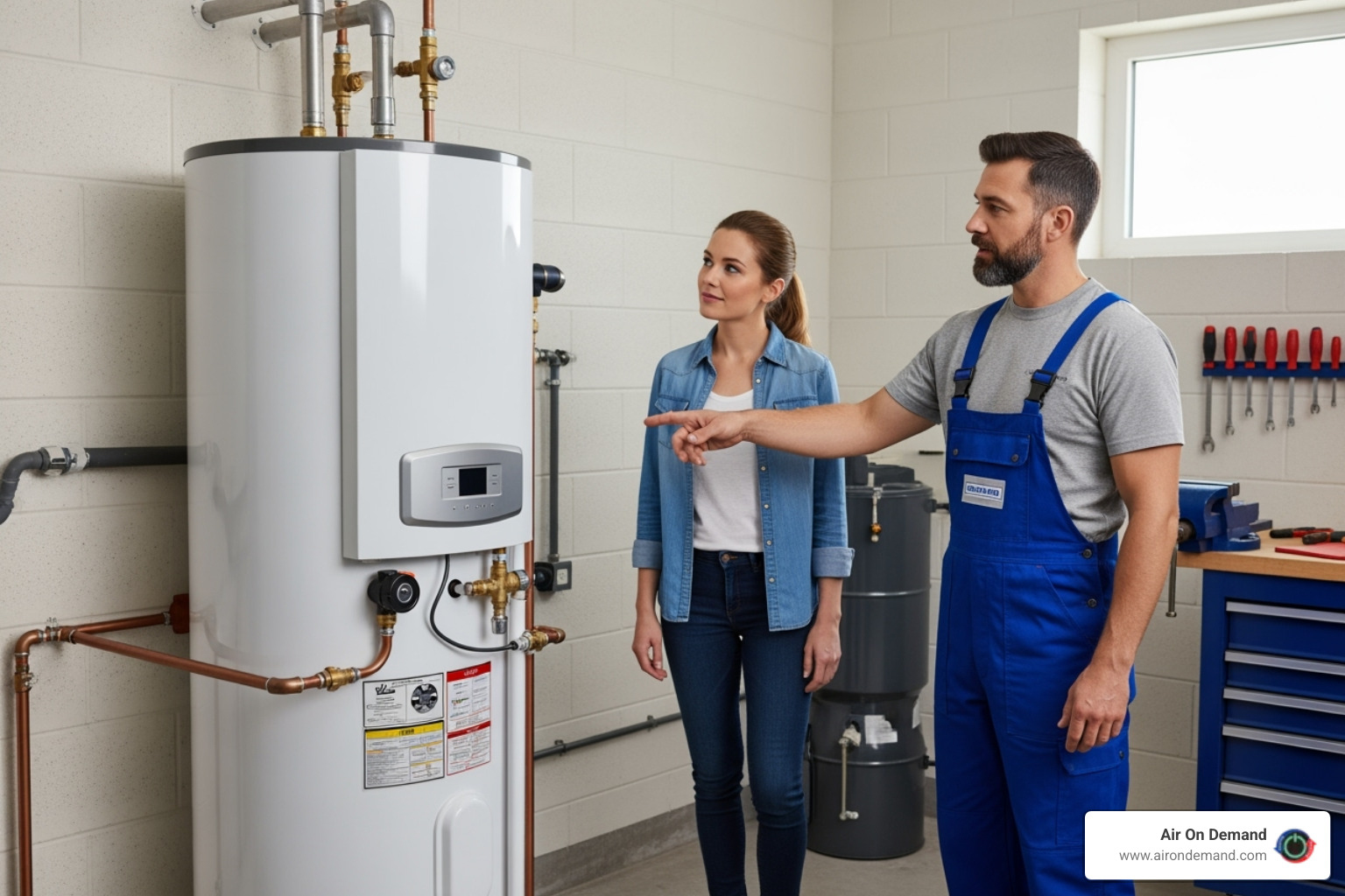 professional plumber showing a homeowner the finished installation - water heater installation estimate professional plumber showing a homeowner the finished installation - water heater installation estimate