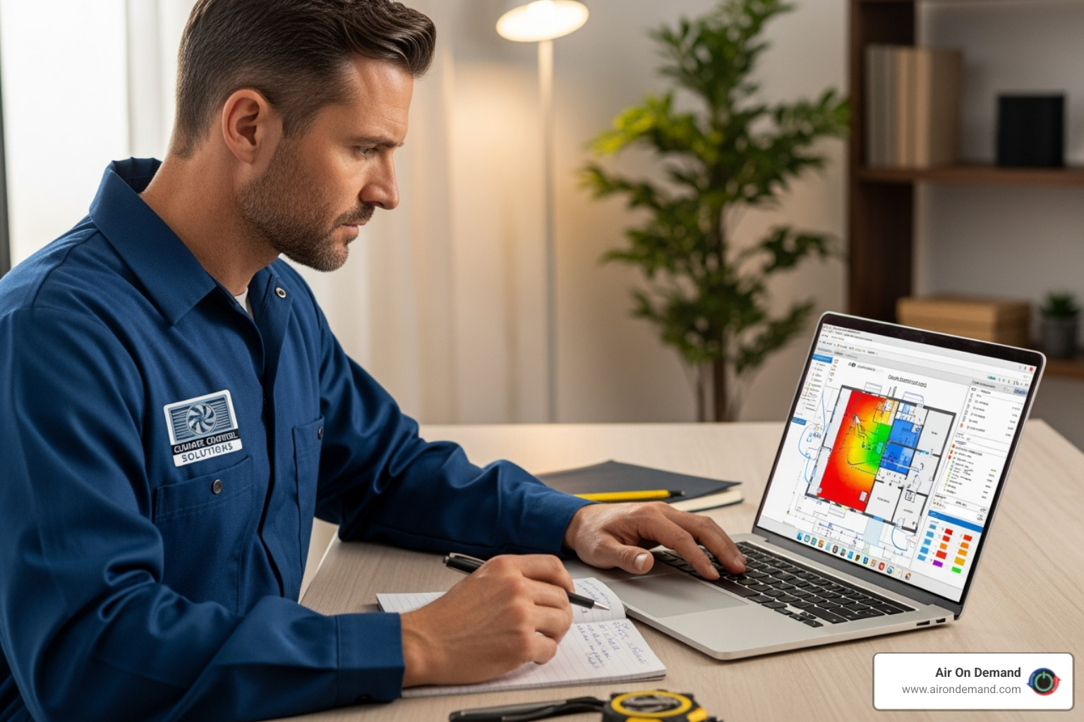 technician using software for a load calculation - HVAC system installation technician using software for a load calculation - HVAC system installation