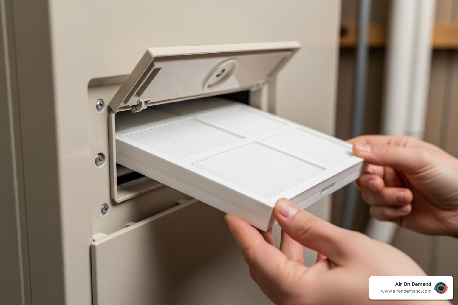 A person changing a clean air filter in their home's AC unit - 24/7 AC repair Miami A person changing a clean air filter in their home's AC unit - 24/7 AC repair Miami