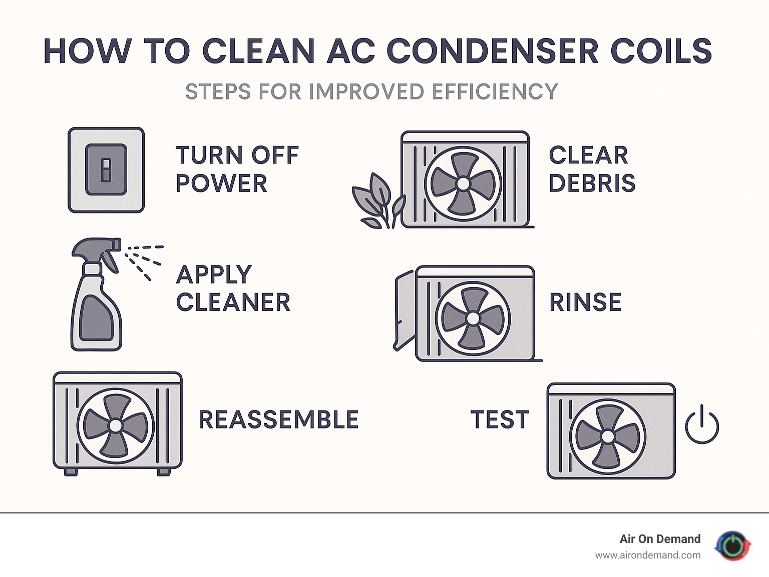 Infographic showing the basic steps to clean AC condenser coils for improved efficiency - Condenser coil cleaning infographic 