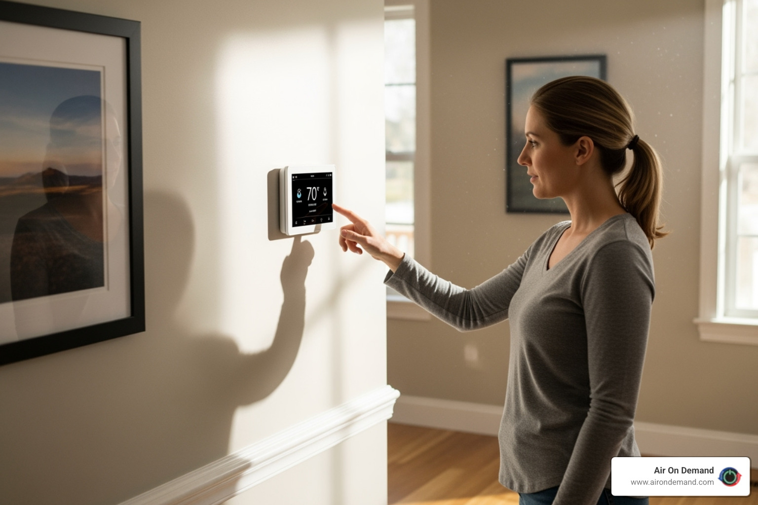 Homeowner checking thermostat - ac blowing hot air Homeowner checking thermostat - ac blowing hot air