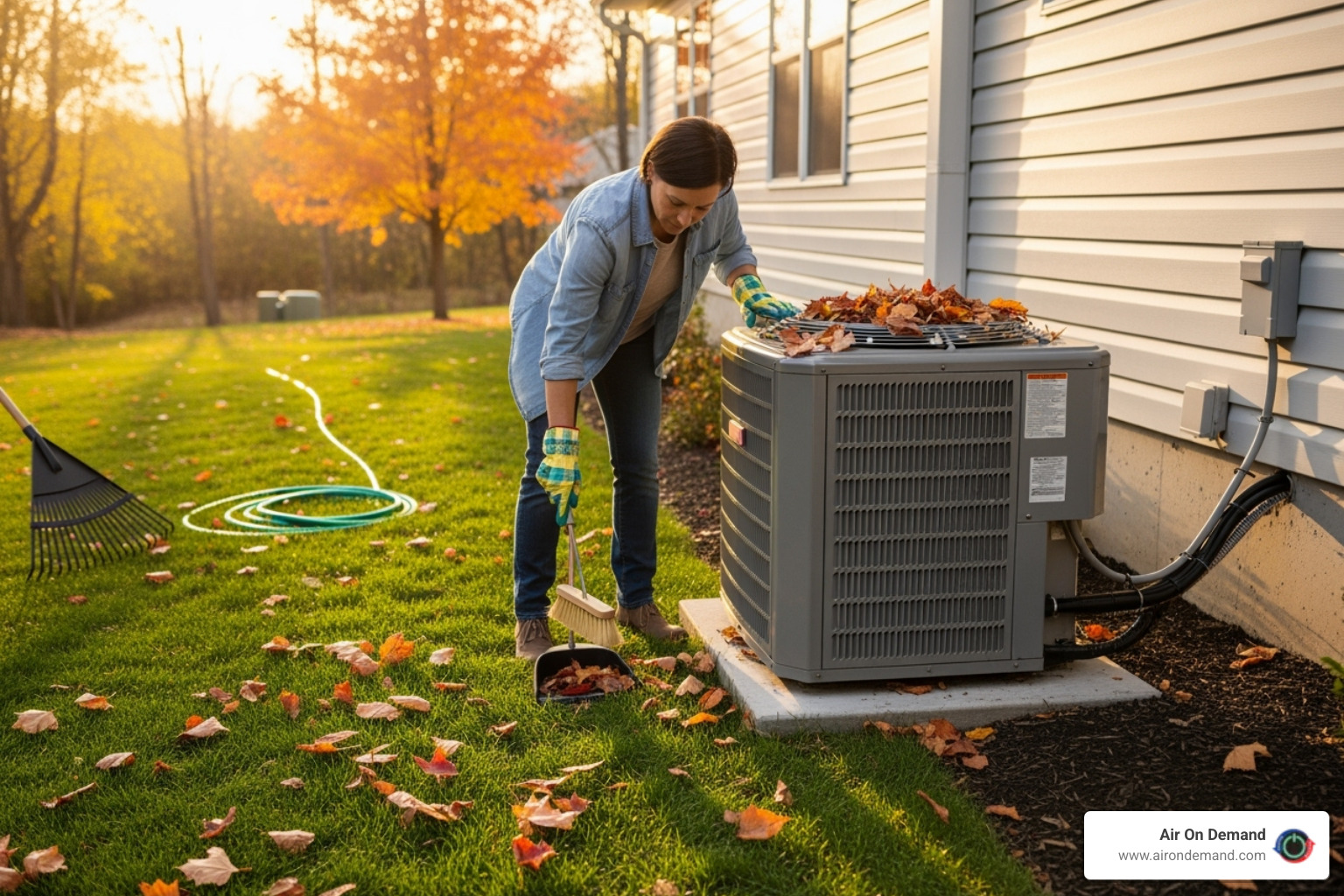 Homeowner clearing debris from outdoor AC unit - AC unit not cooling