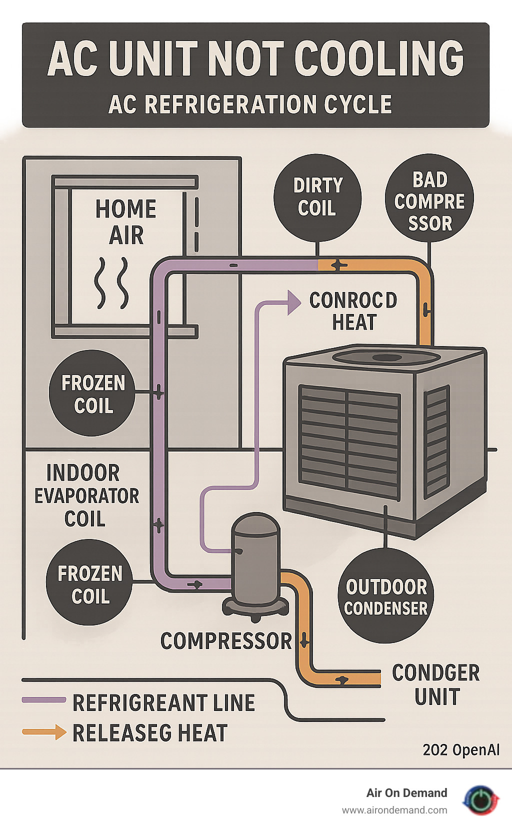 Detailed infographic showing the AC refrigeration cycle with indoor evaporator coil absorbing heat from home air, refrigerant lines carrying heat to outdoor condenser unit, compressor circulating refrigerant, and common failure points that prevent cooling - AC unit not cooling infographic 
