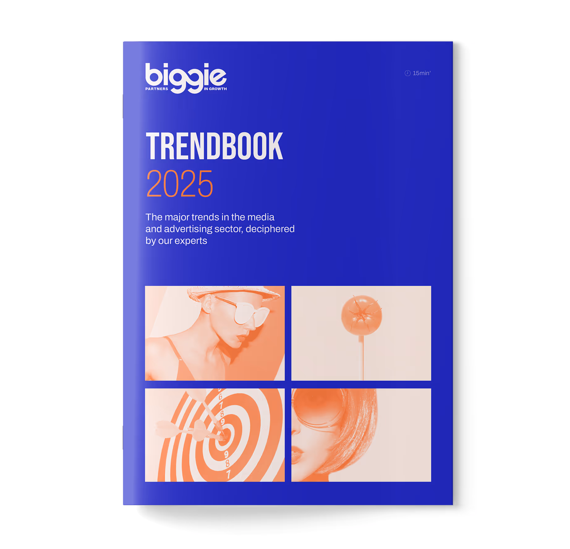 Couverture du Trendbook 2025 de Biggie avec des photos stylisées, montrant une femme en chapeau et lunettes, une cible avec des flèches, un ballon et une femme avec lunettes de soleil.