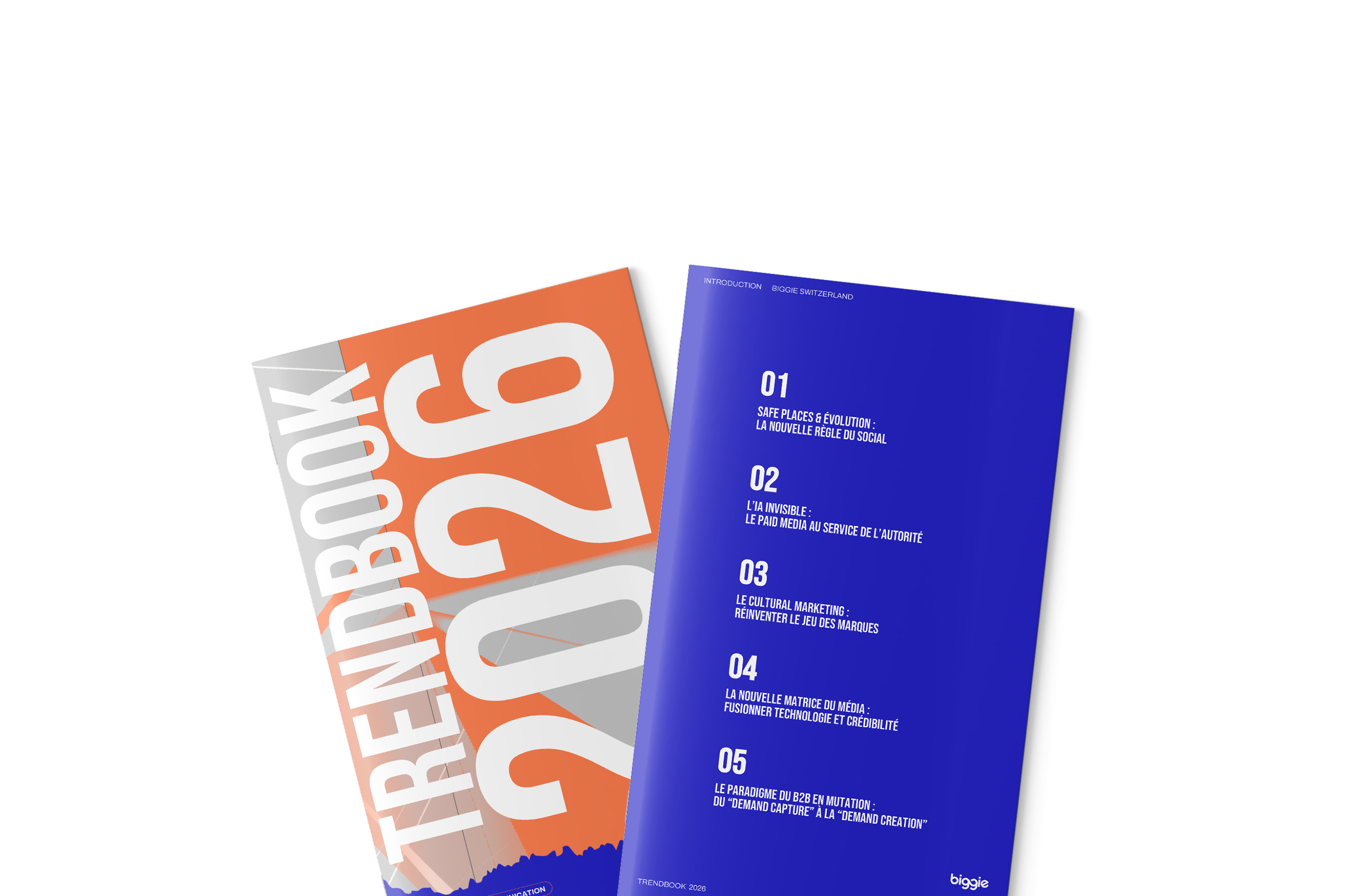 Couverture orange de Trendbook 2026 et sommaire bleu avec cinq thèmes marketing et média en français.
