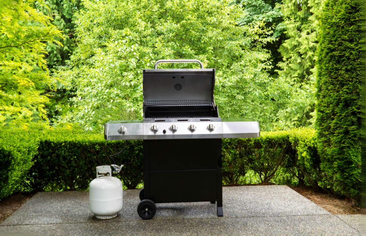 Black gas grill with an open lid and five control knobs, connected to a white propane tank, set on a stone patio with green bushes and trees in the background.