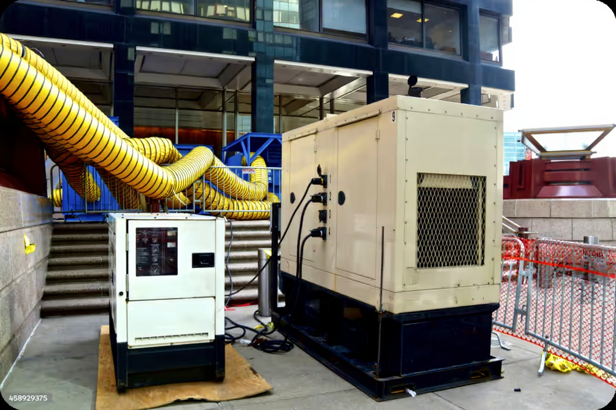 Temporary industrial generators set up outdoors near stairs and yellow ventilation ducts in an urban construction area.