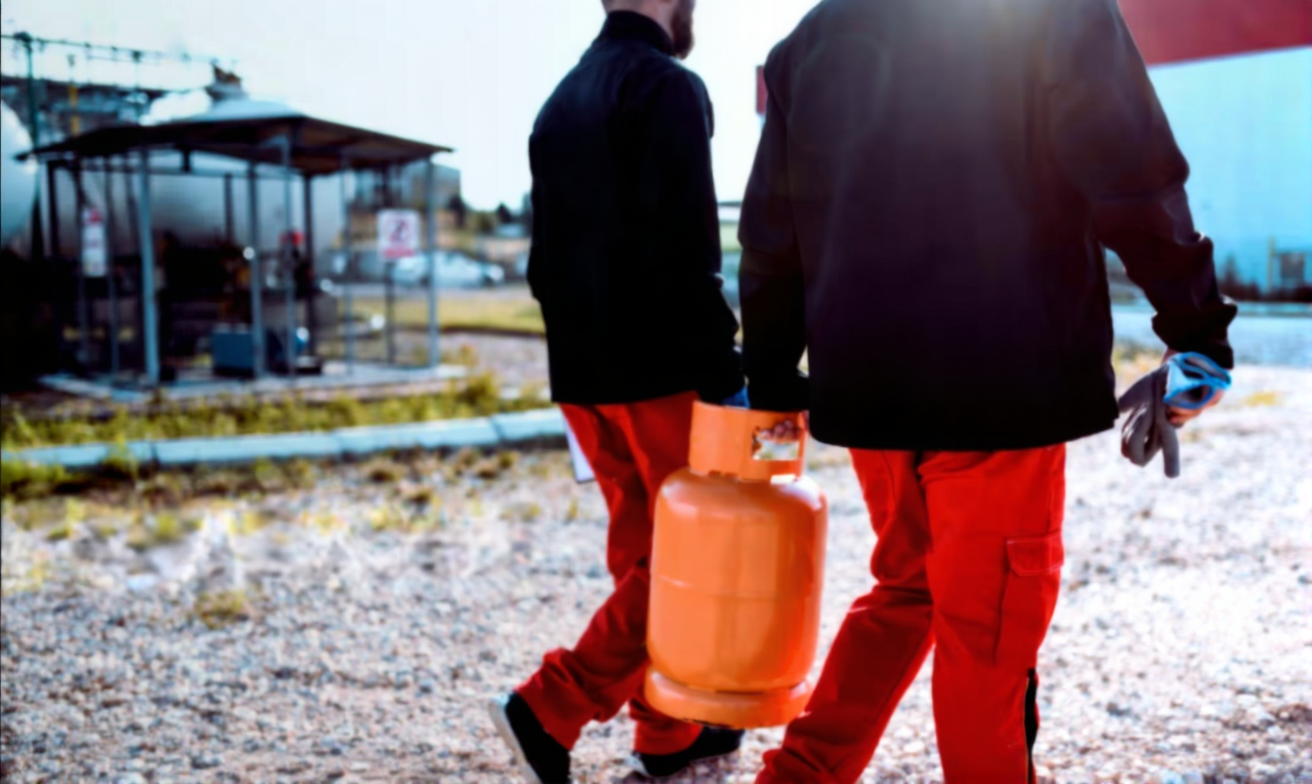 Two workers wearing red pants and black jackets carrying an orange gas cylinder outdoors.