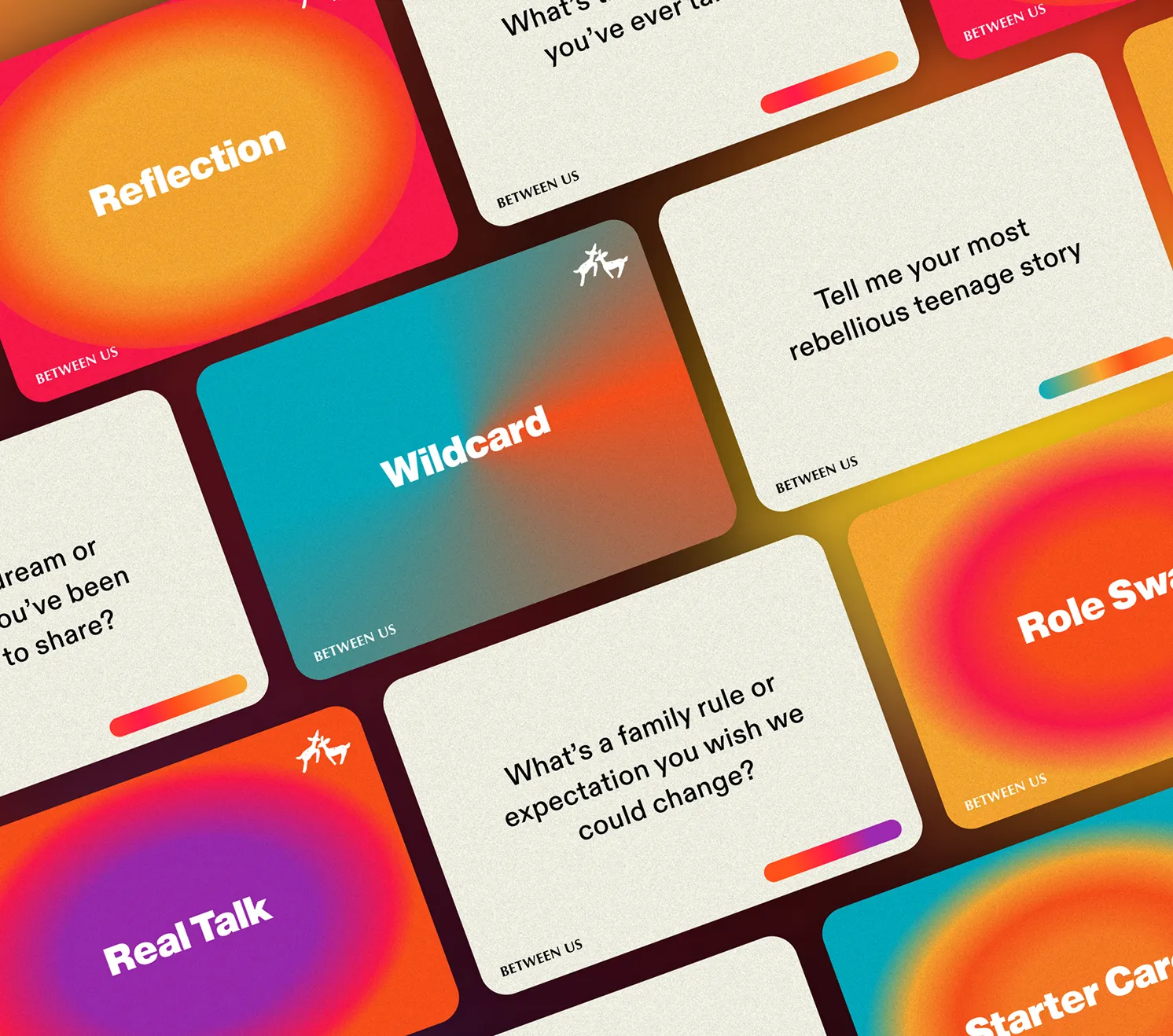 A collection of conversation prompt cards with questions from the "Between Us" cards.