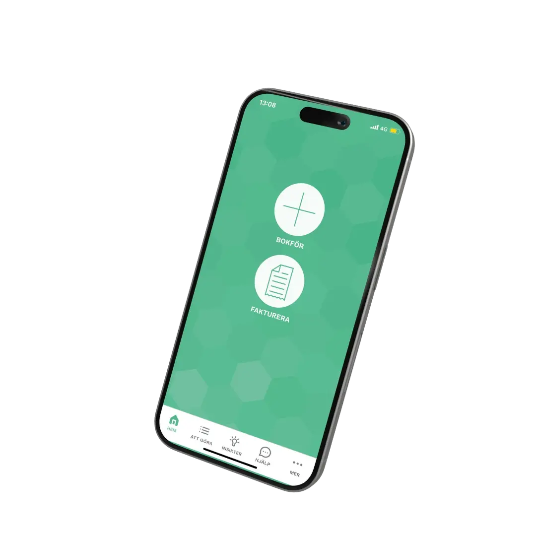 Telefon med Wrebits mobilapplikation. Startvy som visar initial navigering.