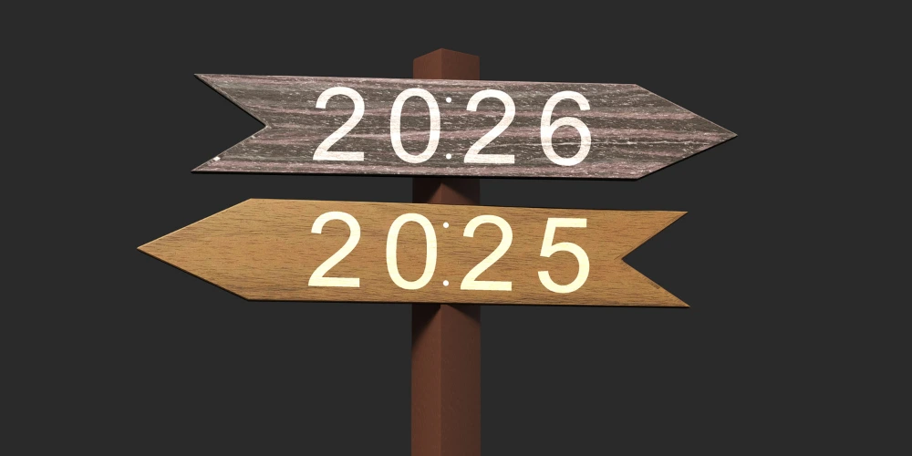 En pil som pekar framåt med 2026 skrivet i vitt på och en pil som pekar bakåt med 2025 skrivet på.