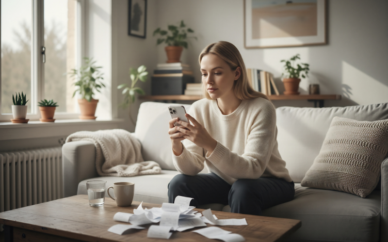 En blond kvinna sittandes i en ljus soffa med en hög av osorterade kvitton framför sig hållandes i en telefon.