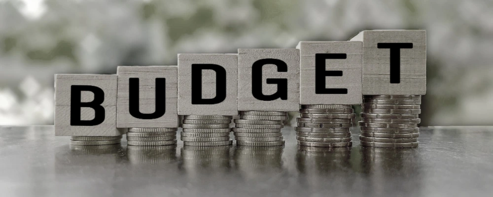 Gråa träklossar där det står budget med en bokstav per kloss. Mynt är plasserade under varje kloss. 