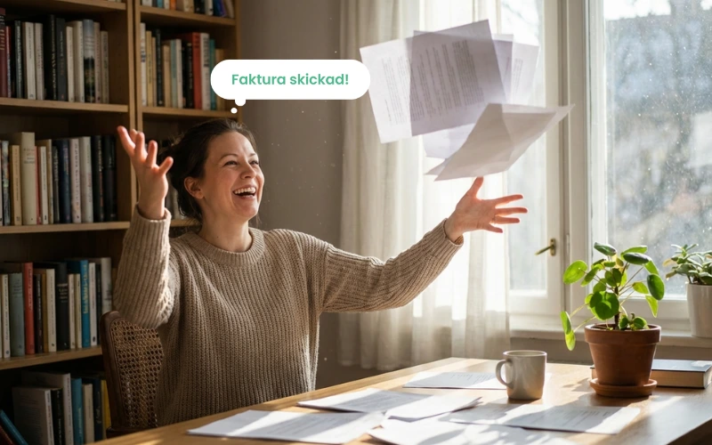 En kvinna kastar upp papper vid ett bord. Hon är glad över att faktura är skickad. En pratbubbla i grönt kommer upp där det står "faktura skickad"