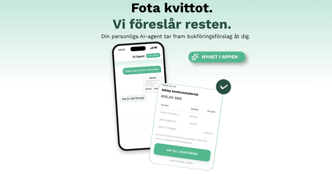 En mockup på hur wrebits ai-agent ser ut i mobilen. Där ai-agenten har fått ett kvitto att tolka. Text som står: Fota kvittot, vi föreslår resten.