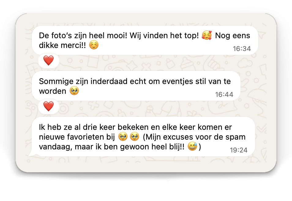 Berichten van een klant via WhatsApp: de foto's zijn heel mooi, elke keer komen er nieuwe favorieten bij