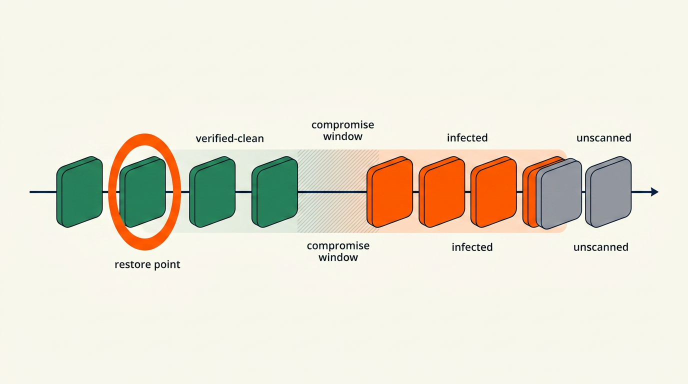Snapshot attack timeline showing verified-clean, infected, and unscanned snapshots, the compromise window, and the chosen earlier verified-clean restore point