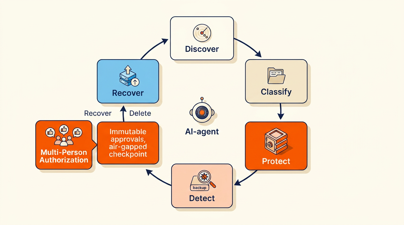 Diagram of Eon's autonomous data lifecycle loop - discover, classify, protect, detect, recover - with a human approval gate before irreversible actions