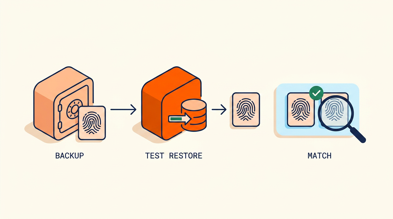 Fingerprint match diagram: a backup is restored into a test database and the two fingerprints are compared