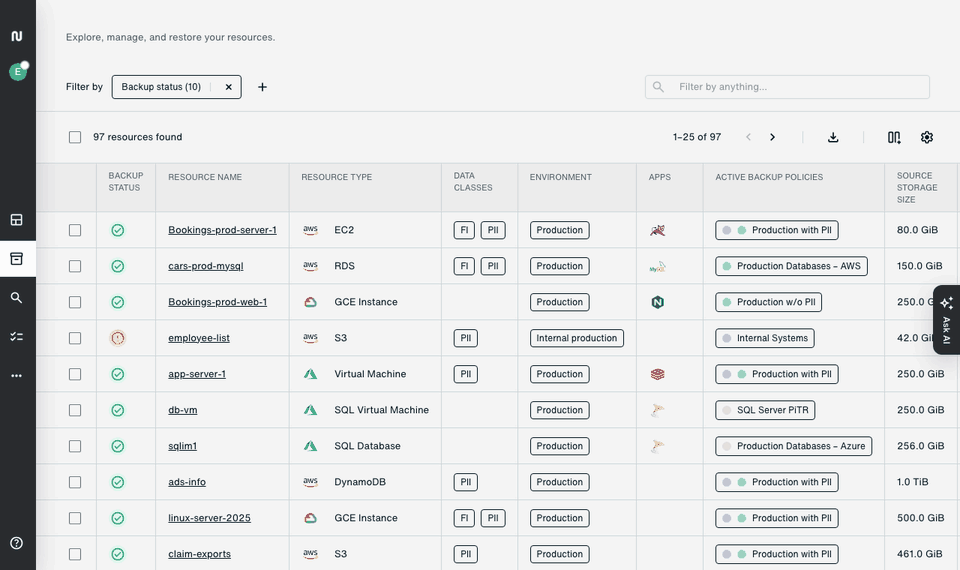 Opening Ask AI in the Eon console and asking which resources are not backed up