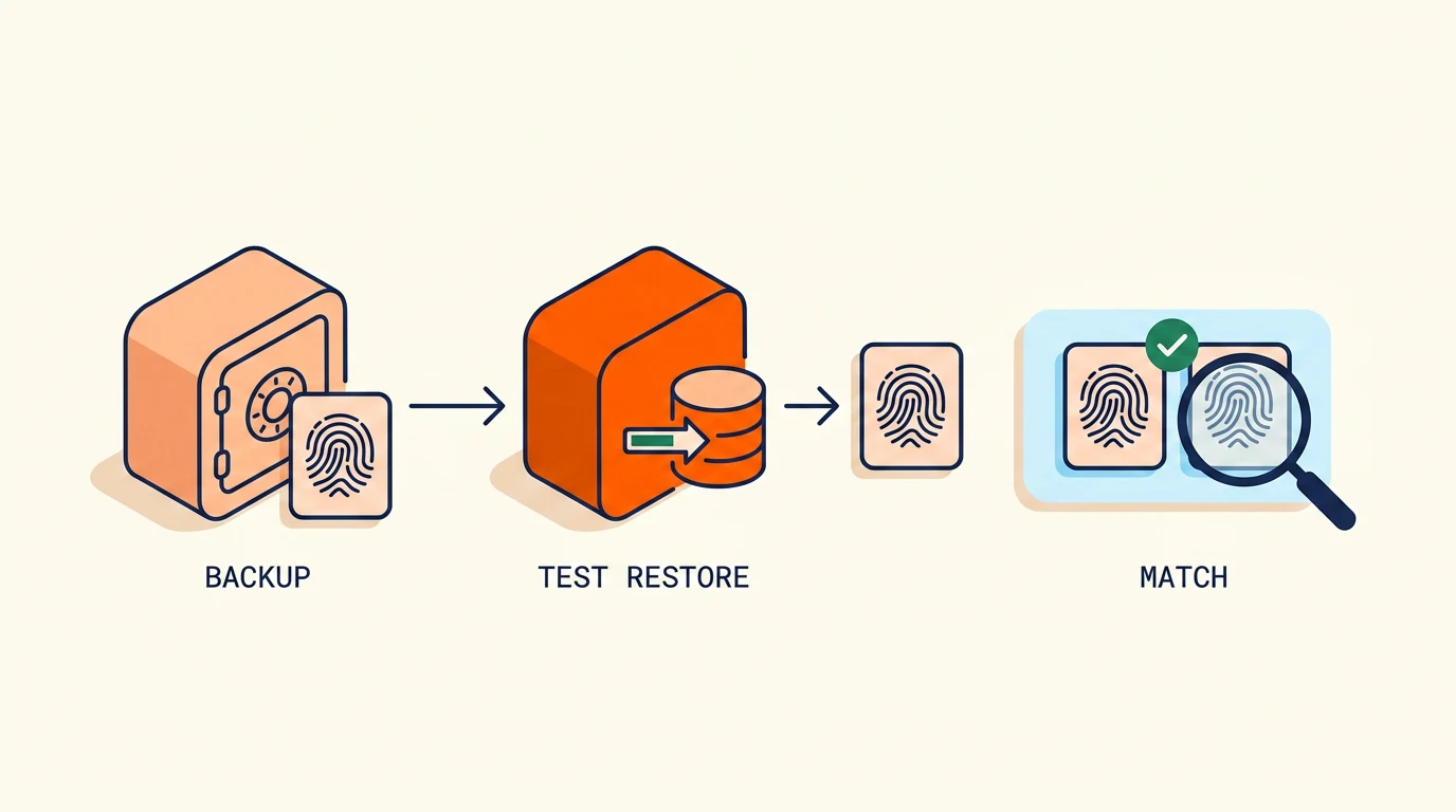 Fingerprint match diagram: a backup is restored into a test database and the two fingerprints are compared