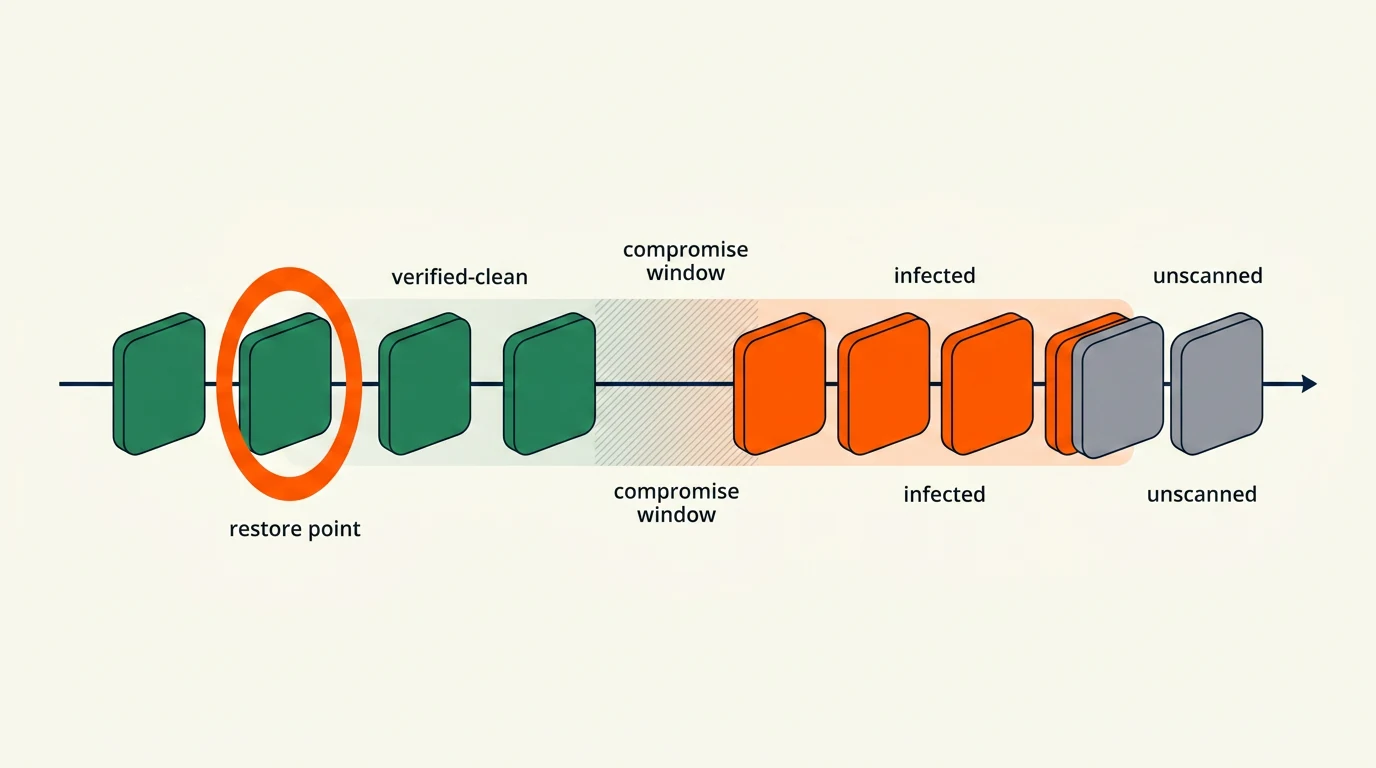 Snapshot attack timeline showing verified-clean, infected, and unscanned snapshots, the compromise window, and the chosen earlier verified-clean restore point