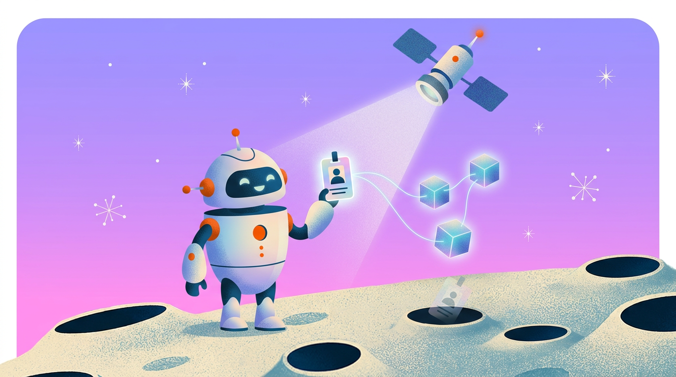 A robot reconnecting a glowing identity badge to its data cubes
