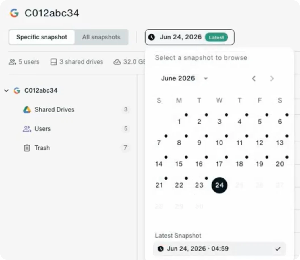 Eon console showing a Google Workspace domain with a calendar of daily recovery points