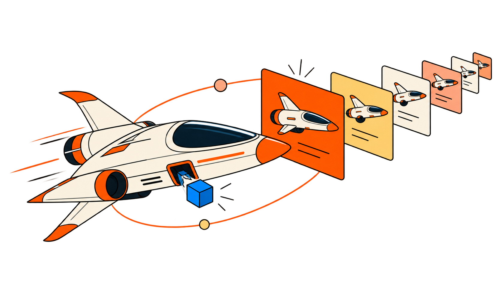 Illustration of a jet taking off while its disk snapshots follow behind