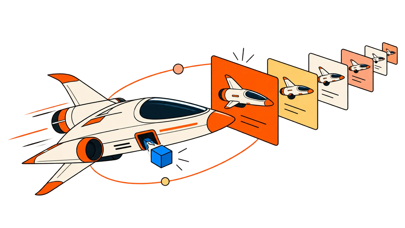 Illustration of a jet taking off while its disk snapshots follow behind