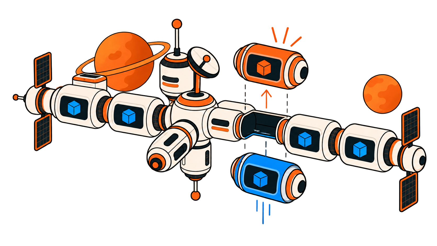 Illustration of a space station made of database modules