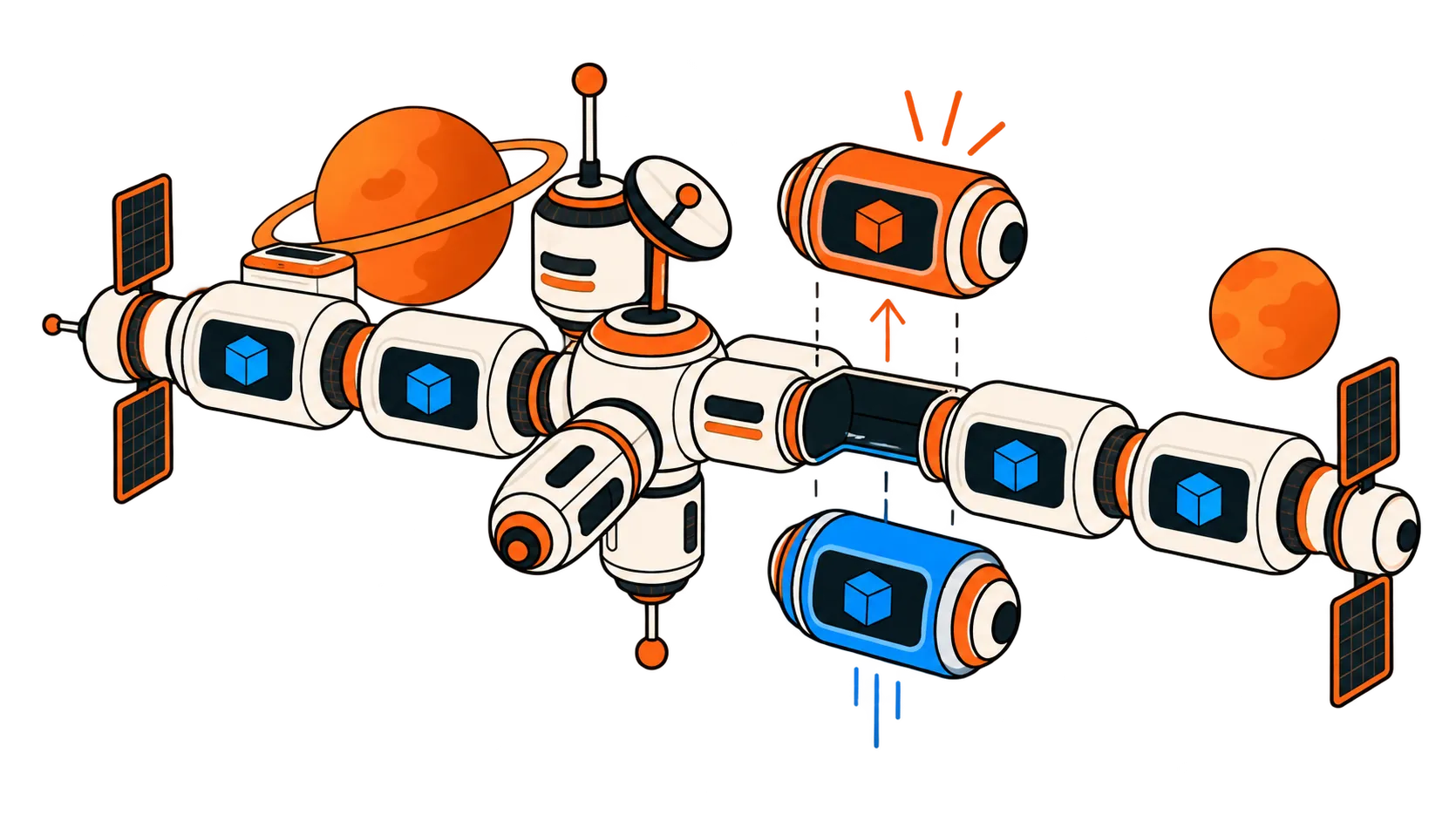 Illustration of a space station made of database modules
