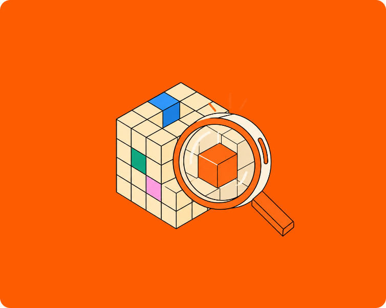A magnifying glass over one block inside a cube of data