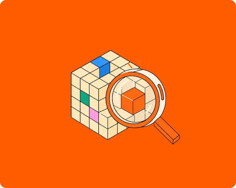 A magnifying glass over one block inside a cube of data