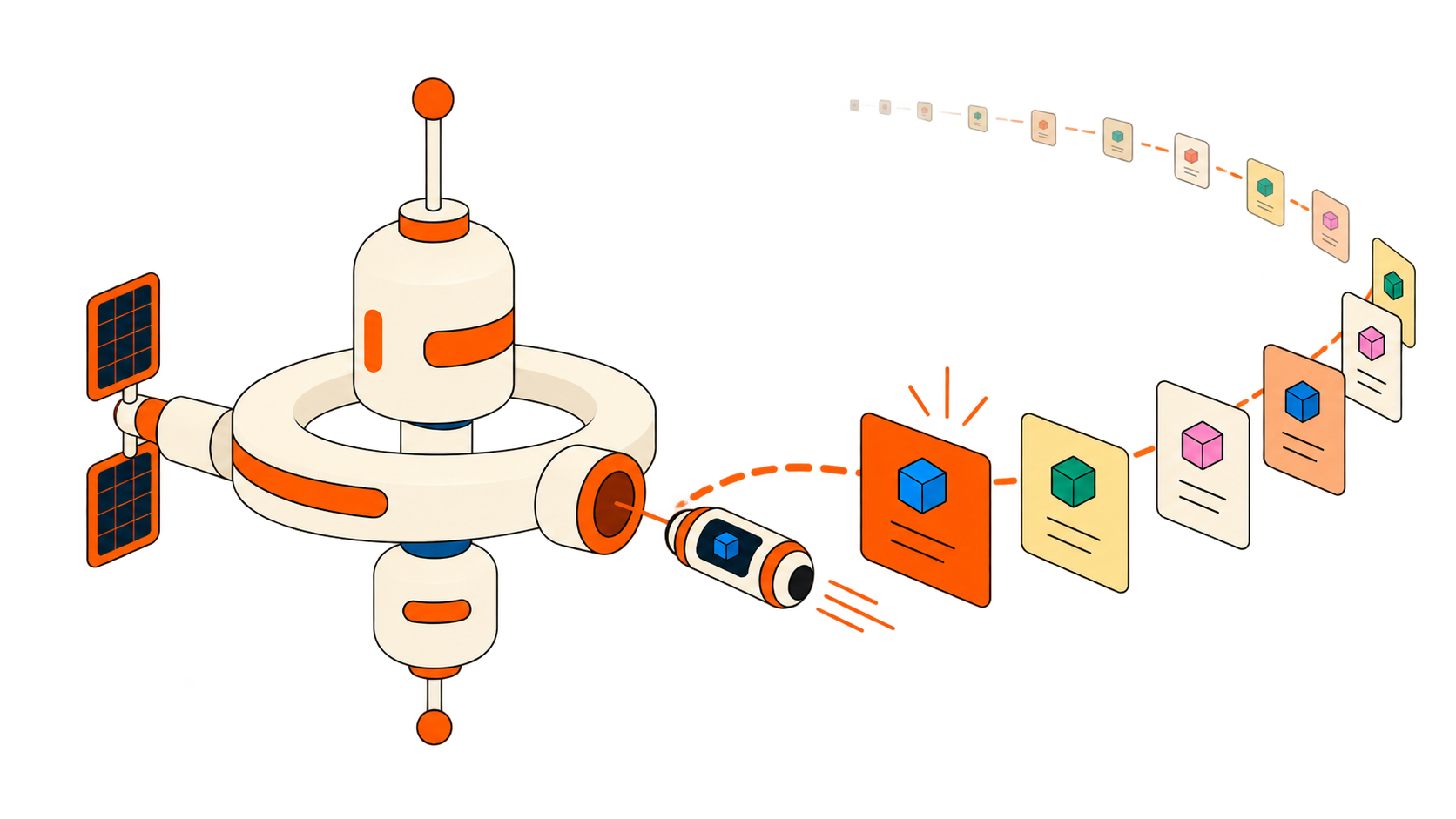 Illustration of a space station surrounded by floating table records